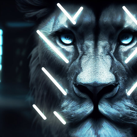 Lion face with neon lines in the background. 3d renderingの素材