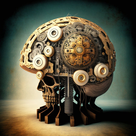 Human skull with gears and cogwheels on grunge background, 3d illustrationの素材