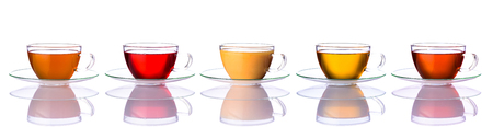Tea cups in collage with different types of tea isolated on white backgroundの写真素材