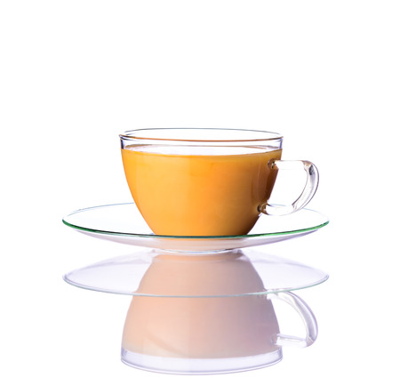 One cup of green tea with milk isolated on white backgroundの写真素材