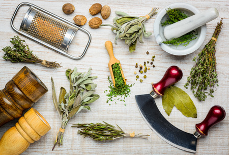 Cooking ingredients, herbs, spices and seasoning with kitchen utensils.の写真素材