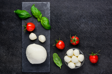 Italian cuisine mozzarella cheese balls on dark backgroundの写真素材