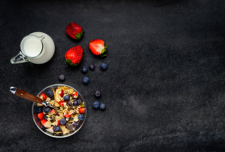 Bowl of Muesli with fresh fruits and Milk with Copy Spaceの写真素材