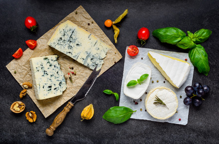 Two Different types of cheese, Blue Mold Gorgonzola cheese and Brie Soft Cheeseの写真素材