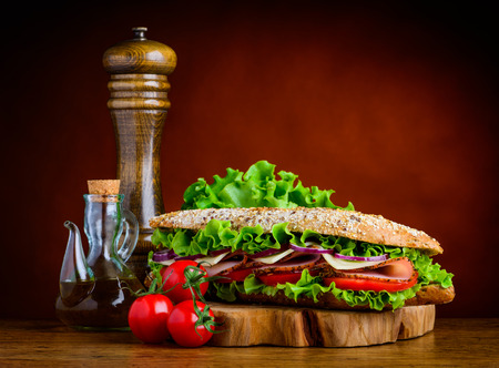 Tasty Sandwich with fresh Vegetables, meat and Spices with Seasoningの写真素材