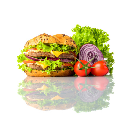 Fast Food Burger Sandwich with Vegetables on white backgroundの写真素材