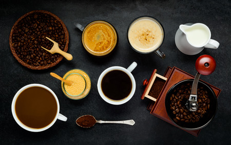 Different Coffee types and brewing ingredients on Dark Backgroundの写真素材