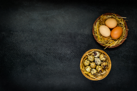 Organic Quail and Chicken Eggs in Nest and on Dark Background with Copy Space Areaの写真素材