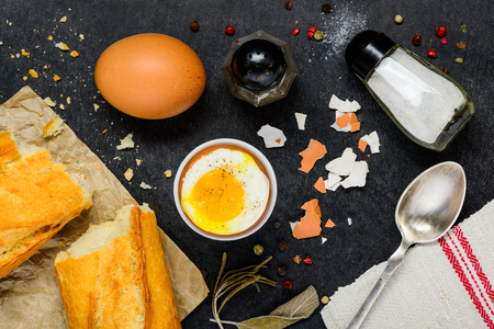Healthy Breakfast with Boiled eggs and French Breadの写真素材