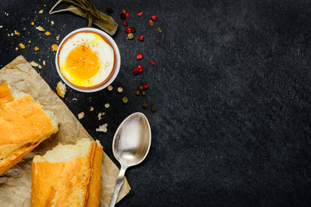 Boiled Organic Egg with French Bread and Copy Space Areaの写真素材