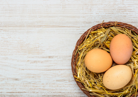 Straw Nest with Organic Chicken Eggs and Copy Space Areaの写真素材