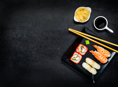 Japanese Cuisine Food with Sushi,  Soy Suce, Ginger Gari on Copy Spaceの写真素材