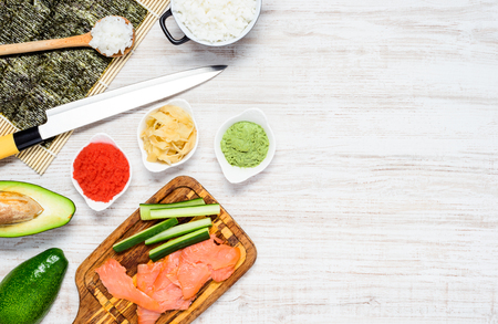 Cooking Japanese Sushi Rolls with Ingredients and Copy Spaceの写真素材