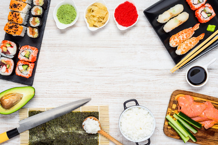 Japanese Cooking Ingredients with Sushi, rice and Nori on Copy Space Frameの写真素材