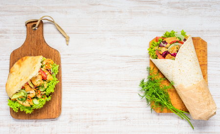 Turkish Kebab Sandwich in Bread with Shawarma and Copy Spaceの写真素材