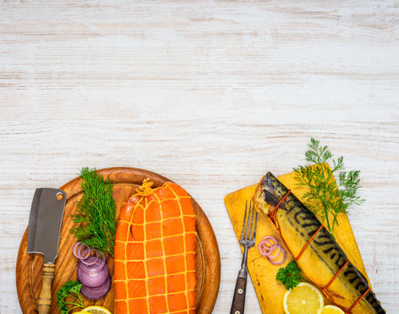 Top View of Smoked Mackerel and Salmon with Meat Cleaverの写真素材