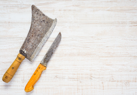 Top View of Meat Cleaver and Butcher Knife with Copy Space Text Areaの写真素材