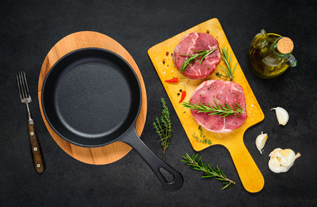 Top View of Cooking Pan with Raw Beef Meat with Condiments and Seasoningの写真素材