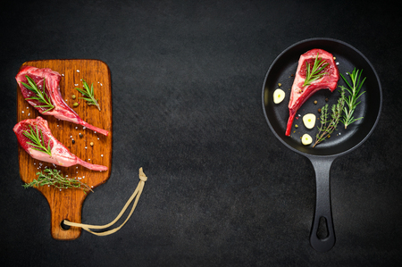 Lamb Ribs Chops Cooking with Copy Space Text Areaの写真素材