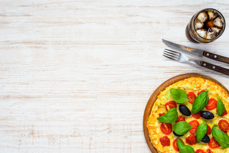 Vegetable Pizza with Cold Ice Cola and Copy Space Text Areaの写真素材