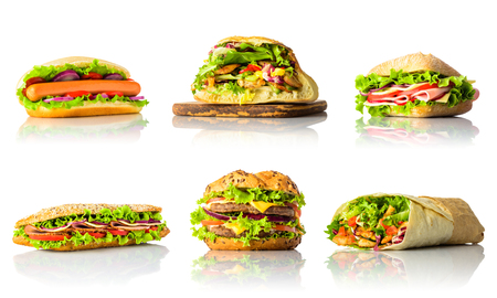 Different Types of Burgers and Sandwiches in Collage Isolated on White Backgroundの写真素材