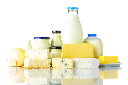 Different Types of Dairy Products with Milk and Cheese Isolated on White Backgroundの写真素材