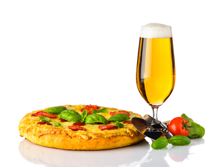 Pizza Mergherita with Cutter Wheel and Glass Beerの写真素材