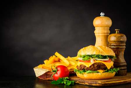 Cheeseburger Fast food with French Fries and Copy Space Text Areaの写真素材