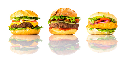 Three Different Burgers, Cheeseburger, Chickenburger and Sandwich Isolated on White Backgroundの写真素材