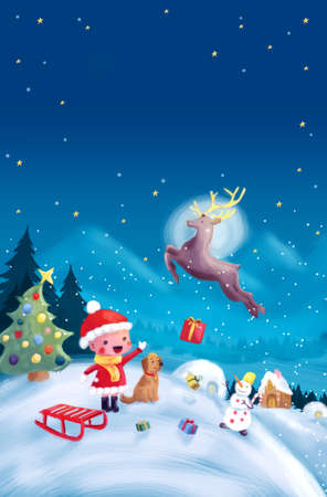 Illustration of Little girl with dog, looking how reindeer is Flying, Christmas cartoon scene for Children book Coverの写真素材