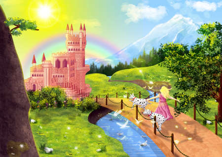 The little girl with two Dalmatian dogs walking over the bridge towards the magic castle. Cartoon background scene.の写真素材