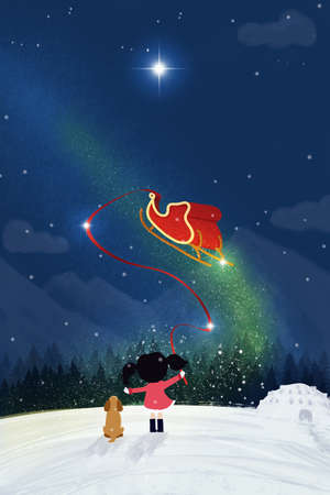 Illustration of Little girl with dog, looking how sleigh is Flying, Christmas cartoon scene for Children book Coverの写真素材