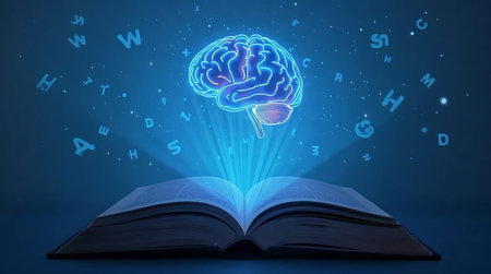 Open book with glowing digital brain and floating letters symbolizing artificial intelligence, knowledge learning, and the power of human educationの素材