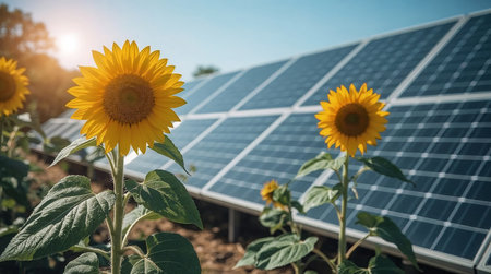 Beautiful sunflowers growing beside solar panels under sunlight symbolizing renewable energy, sustainability, and harmony between nature and technologyの素材