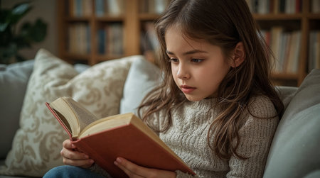 Focused little girl reading a book on cozy sofa in warm home environment symbolizing childhood learning, imagination, and early education developmentの素材
