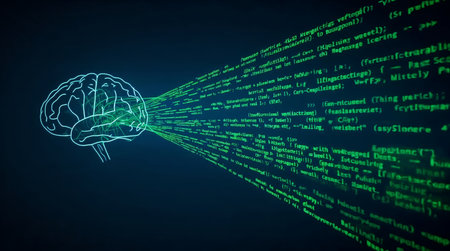Digital brain emitting lines of green computer code symbolizing artificial intelligence programming, machine learning, and data-driven neural technologyの素材