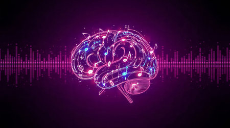 Digital brain made of glowing music notes and sound waves symbolizing creative thinking, neural connections, and artificial intelligence innovationの素材