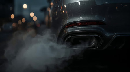 Close-up of car exhaust pipe releasing smoke at night symbolizing air pollution, environmental impact, and urban transportation emissions problemの素材