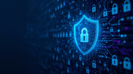 Digital padlock on glowing cyber shield representing data protection, internet security, encryption, and modern cybersecurity network technologyの素材