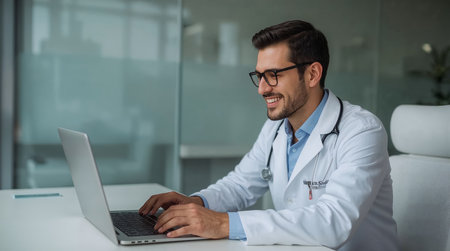 Smiling doctor working on laptop in modern medical office representing telemedicine, digital healthcare, and professional online consultation servicesの素材