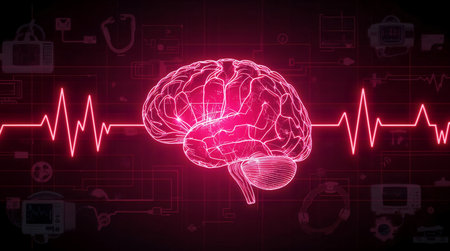 Glowing red digital brain connected to heartbeat pulse line representing neuroscience, artificial intelligence, and modern medical technologyの素材