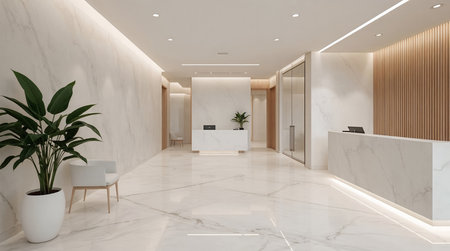 spacious modern lobby interior with marble flooring wooden accents and indoor plants under soft lighting creating luxurious clean and welcoming corporate atmosphereの素材