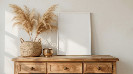 Natural wooden dresser with pampas grass and empty photo frameの素材