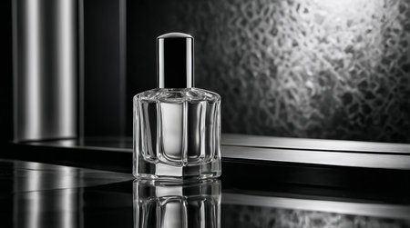 high end perfume bottle with transparent glass and metallic cap placed on reflective surface in moody light creating sophisticated modern luxury fragrance compositionの素材