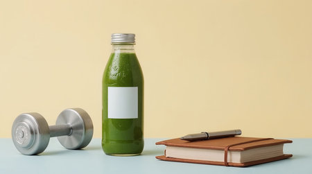healthy lifestyle concept with green smoothie bottle dumbbell and notebook on pastel surface symbolizing fitness nutrition and mindful daily routineの素材