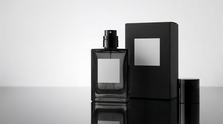 luxury masculine perfume bottle with matching black box on glossy reflective surface under soft light creating elegant modern and minimal fragrance presentationの素材