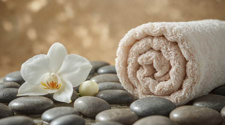 rolled spa towel with white orchid flower placed on smooth massage stones under warm light symbolizing beauty relaxation and natural wellness balanceの素材