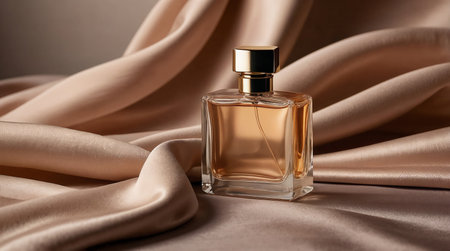 golden perfume bottle placed on satin fabric with warm elegant lightingの素材