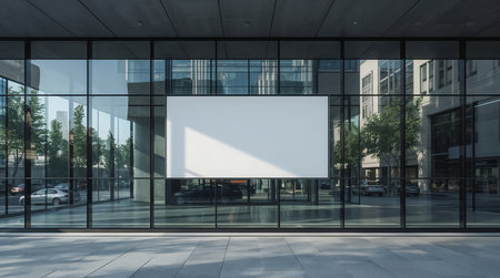 modern glass building exterior with blank billboard and city reflectionの素材