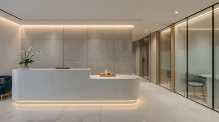 Elegant minimalist office reception interior with warm lightingの素材